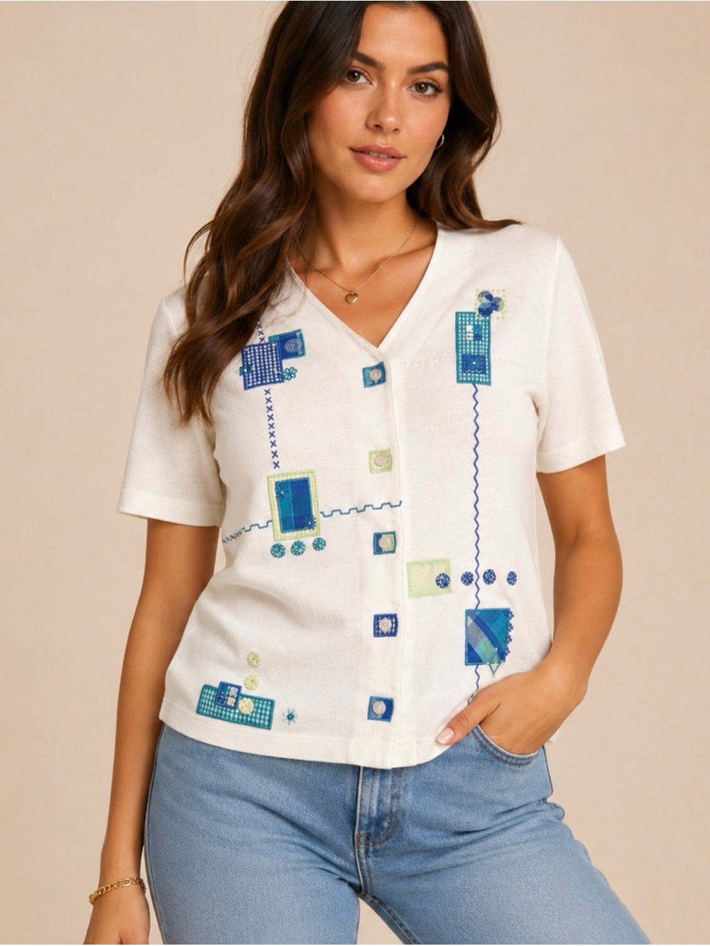 Koret Francisca Vintage Y2K Embroidered Button Up Textured Top - Womens Size M